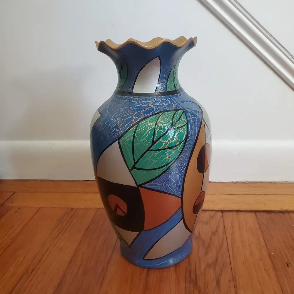Metallic Color Hand Painted Abstract Geometric Design Vase